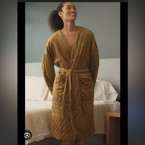 Anthropologie Quilted Velvet Robe - Mustard Gold
